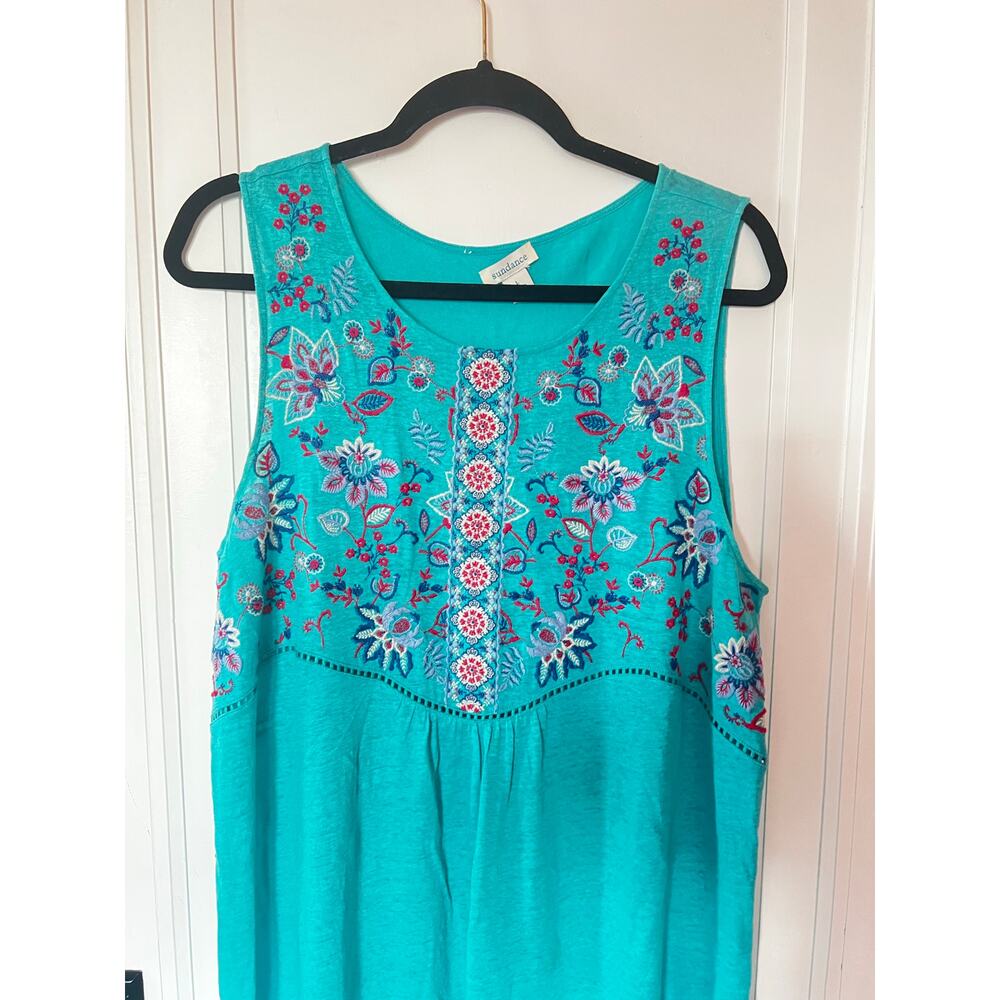 Sundance Sintra Dream Linen Embroidered Floral Dress Aqua SZ L - Picture 3 of 5